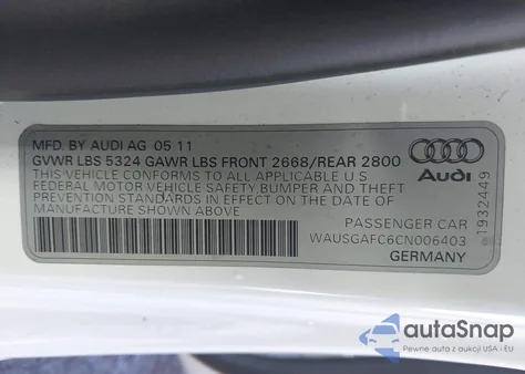 2012 Audi A7 Premium из США, поврежденный, VIN WAUSGAFC6CN006403